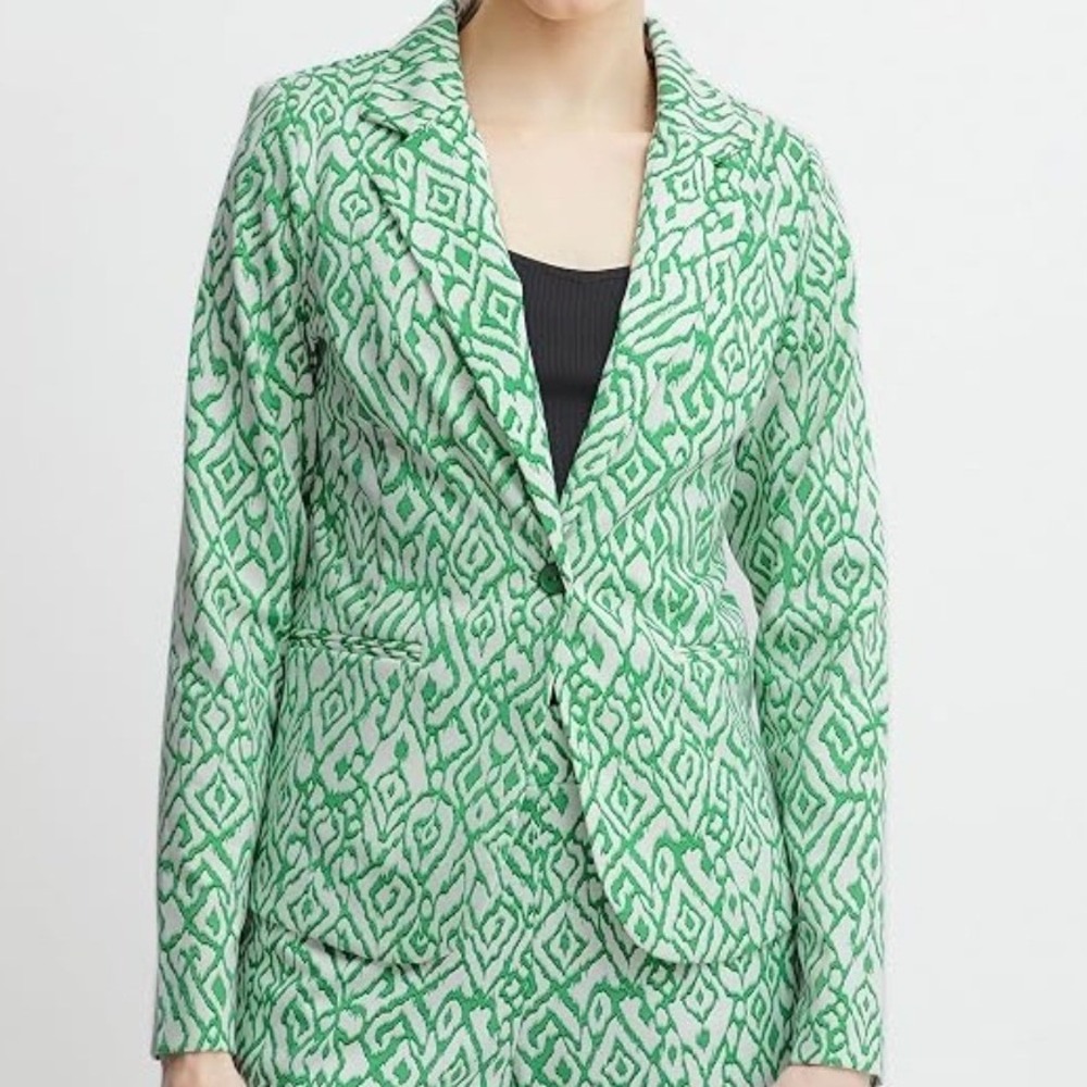 ICHI Green White Geometric Ikat Print Single Button Blazer Jacket Small